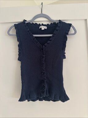 And Now This Dark Navy Ribbed Ruffle-Trim Button Tank
